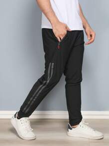 Running Men Drawstring Waist Zipper Pocket Sports Pants Imported Quick-Drying Fabric Plain - Black - View 1