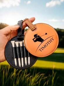 1pc Customized Engraved Leather Golf Bag Tag | Personalized 5-Hole Golf Ball Display Stand | Gift For Golf Enthusiasts | Available In Black And Brown | Groomsman Gift, Gift For Dad/Mom | Diameter: 9.5*9.5cm | Birthday, Christmas, Retirement Gift | Handmade Golf Accessory - Multicolor - View 4