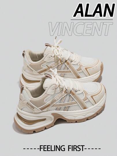 Alan Vincent [City Sneaker Series]Khaki Sneakers Shoes Women 2025 New Thick-Soled Sports Shoes For Women Comfortable And Fashionable Running Shoes Casual Sneakers Women Outdoor  Shoes Ladies Shoes Breathable Mesh