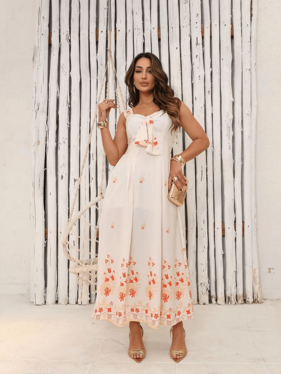 LONG WOMEN'S DRESS WITH REGULAR ELASTANE STRAPS ON THE BACK, TIE ON THE BUST, LESSE EMBROIDERY - 橘色 - 查看 1