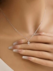 1 pieza Collar con colgante de mini cruz de plata de ley 925 para mujeres, cadena de clavícula de cristal de circonita delicada, pequeño y único, regalo para la novia
