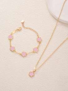 2pcs/Set, 1pc Pendant Necklace + 1pc Bracelet, Fashionable Minimalist Gold-Color Star Flower Oval Pendant, Suitable As Girlfriend, Wedding, Graduation, Date Gift - Black - View 1