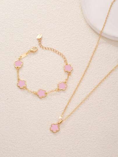 2pcs/Set, 1pc Pendant Necklace + 1pc Bracelet, Fashionable Minimalist Gold-Color Star Flower Oval Pendant, Suitable As Girlfriend, Wedding, Graduation, Date Gift