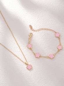 2pcs/Set, 1pc Pendant Necklace + 1pc Bracelet, Fashionable Minimalist Gold-Color Star Flower Oval Pendant, Suitable As Girlfriend, Wedding, Graduation, Date Gift - Black - View 4