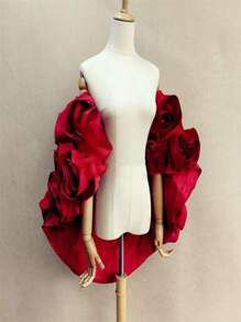 欧美风格手工3D立体花卉高端新娘披肩/斗篷，粉色和红色 - 紅色 - 查看 4