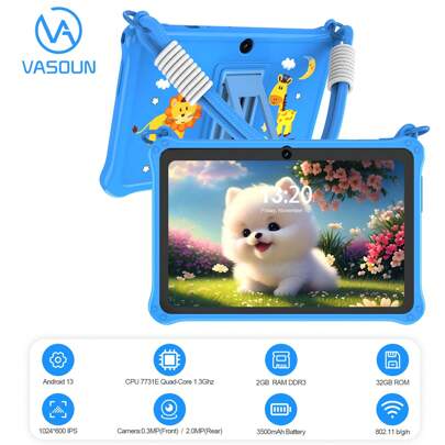 VASOUN 7-Inch Kids Tablet, 2GB RAM 32GB ROM, Android 13 System, With Parental Control, Educational Games, Shock-Proof Protective Case