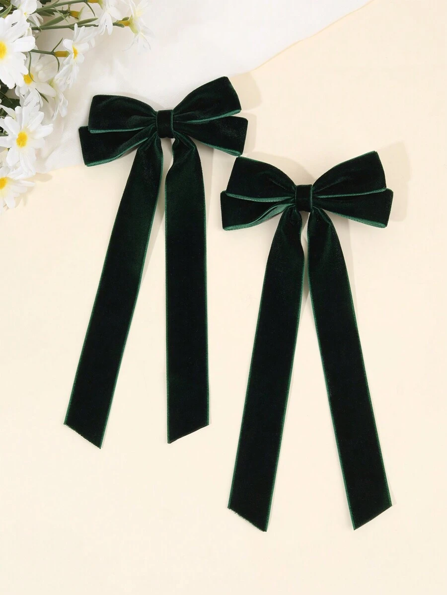 2 chiếc nơ cài tóc nhung xanh đậm cho phụ nữ, nơ nhung đuôi dài trơn, kẹp cá sấu, nơ lớn, kẹp tóc đuôi lợn cho bé gái, kẹp tóc mùa thu đông, phụ kiện tóc cho phụ nữ, ngày lễ tình nhân, ngày lễ tình nhân - Màu xanh lá cây đậm - Xem 1