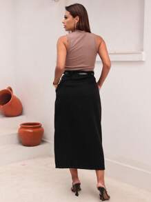 Tailored Midi Skirt With Belt, Slit, Side Pocket, Evangelical Fashion - 黑色 - 查看 2