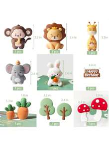 9件或1件动物生日蛋糕装饰，森林主题派对用品，包括大象、长颈鹿、狮子、猴子、树木、兔子、胡萝卜、蘑菇、生日快乐蛋糕装饰，丛林动物主题派对。卡通动物玩偶挂饰可重复使用（软胶） - 多色 - 查看 2