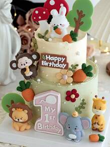 9件或1件动物生日蛋糕装饰，森林主题派对用品，包括大象、长颈鹿、狮子、猴子、树木、兔子、胡萝卜、蘑菇、生日快乐蛋糕装饰，丛林动物主题派对。卡通动物玩偶挂饰可重复使用（软胶） - 多色 - 查看 7