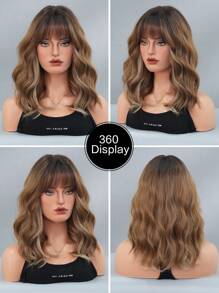 NICKY WALL Highlight Earthy Brown Medium Length Wigs For Women Mixed Beige Curly Wave Wigs With Bangs Dark Roots Fluffy Natural Wig Synthetic Heat Resistant Fiber Wigs For Fashion Women & Girls Daily Party Use 16 Inch
