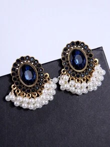1 par de pendientes colgantes a la moda con borlas, piedras preciosas y perlas vintage, adecuados para el uso diario de las mujeres