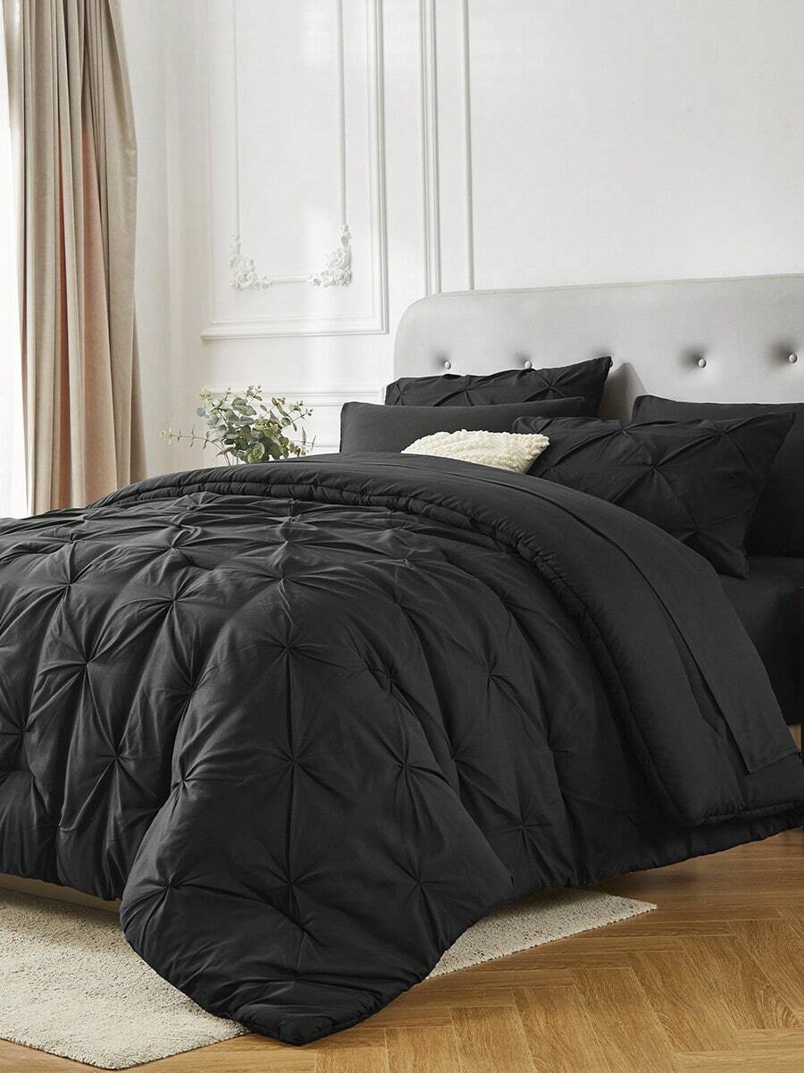 5Pcs/7-Pcs Queen Pinched Pleat Bed Comforter Sets Queen  - Luxurious, Soft, Breathable, Hypoallergenic, And Cooling Summer Bedding For All Seasons With Sheets, Pinched Pleat   Design, And Bed-In-A-Bag Convenience - Easy Care, Machine Washable, And Durable,  Ideal Gift - 黑色 - 查看 1