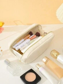 Túi đựng đồ trang điểm màu be nhung kẻ, Túi đựng mỹ phẩm có khóa kéo đơn giản dành cho phụ nữ, Túi đựng đồ trang điểm thời trang rộng rãi, Túi đựng đồ vệ sinh cá nhân du lịch di động Phụ kiện tổ chức Quà tặng - Màu be - Xem 2