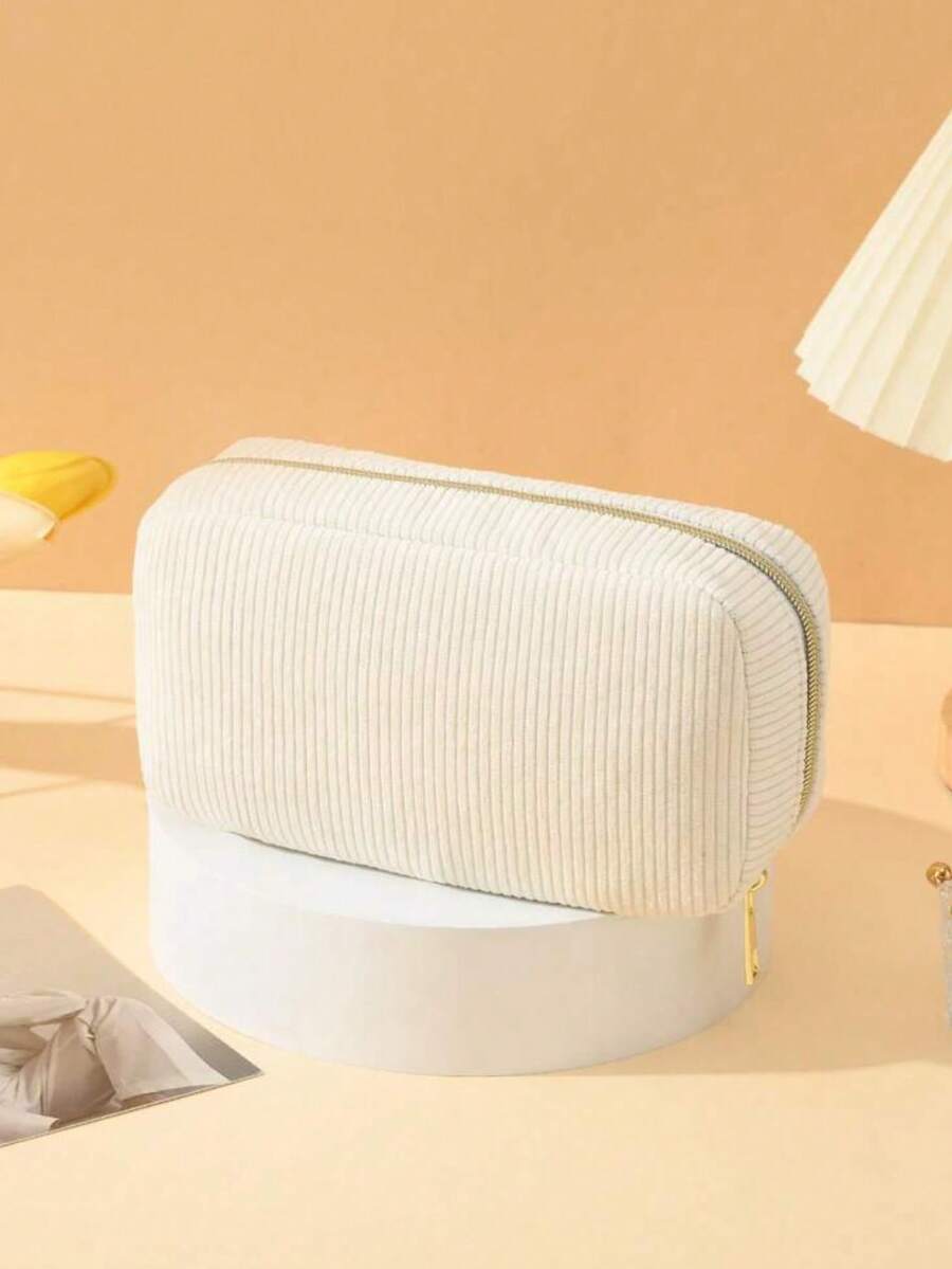 Túi đựng đồ trang điểm màu be nhung kẻ, Túi đựng mỹ phẩm có khóa kéo đơn giản dành cho phụ nữ, Túi đựng đồ trang điểm thời trang rộng rãi, Túi đựng đồ vệ sinh cá nhân du lịch di động Phụ kiện tổ chức Quà tặng - Màu be - Xem 1