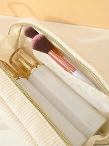 Túi đựng đồ trang điểm màu be nhung kẻ, Túi đựng mỹ phẩm có khóa kéo đơn giản dành cho phụ nữ, Túi đựng đồ trang điểm thời trang rộng rãi, Túi đựng đồ vệ sinh cá nhân du lịch di động Phụ kiện tổ chức Quà tặng - Màu be - Xem 5