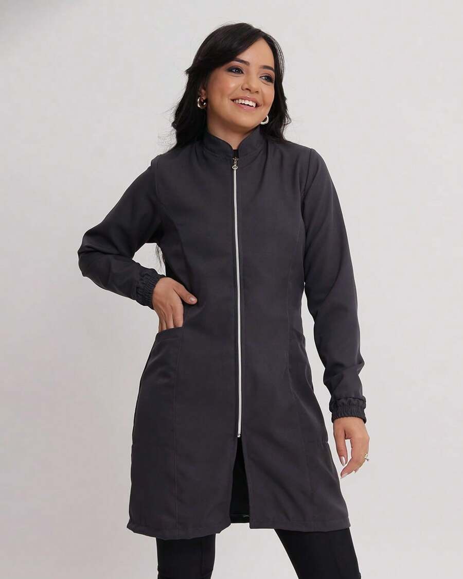 Women's Priest Collar Lab Coat - Dark Grey - View 1