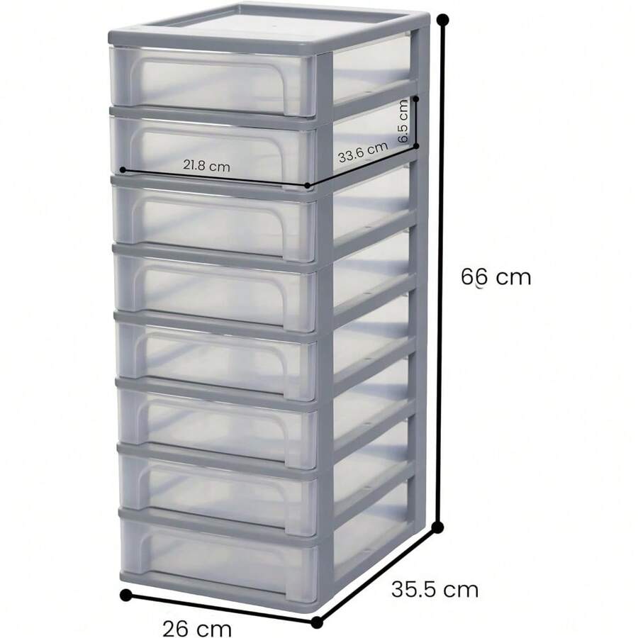 Plastic Storage Drawers Unit, 8 Shallow Drawers, Grey, EasyPull
