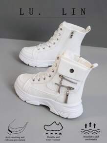 Một đôi bốt cao gót bằng da, có lớp lông cừu ấm áp và lớp lông cừu mềm mại, khóa kéo thông thường, chống trượt và tăng chiều cao, bốt thể thao đế dày đi tuyết dành cho nữ - trắng - Xem 3