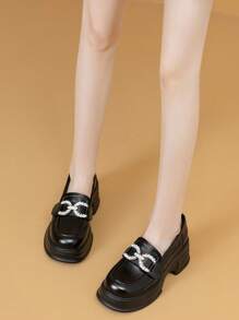 Spring Autumn New Style Women Rhinestone Thick Sole Slip-On Loafers, Chunky Heel Black Leather Shoes