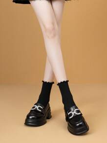 Spring Autumn New Style Women Rhinestone Thick Sole Slip-On Loafers, Chunky Heel Black Leather Shoes