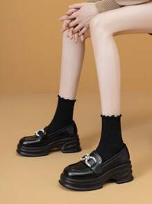 Spring Autumn New Style Women Rhinestone Thick Sole Slip-On Loafers, Chunky Heel Black Leather Shoes