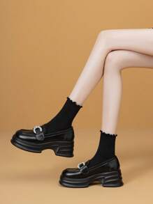 Spring Autumn New Style Women Rhinestone Thick Sole Slip-On Loafers, Chunky Heel Black Leather Shoes