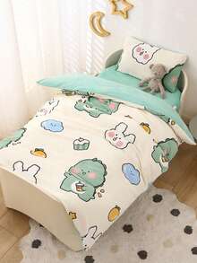 3 件套加厚柔软毛绒床上用品套装，牛奶丝绒面料，带可爱印花，适用于学生宿舍、托儿所、儿童房，包括 1 个羽绒被套 + 1 个床垫保护套 + 1 个枕套 - 卡通恐龍 - 查看 3
