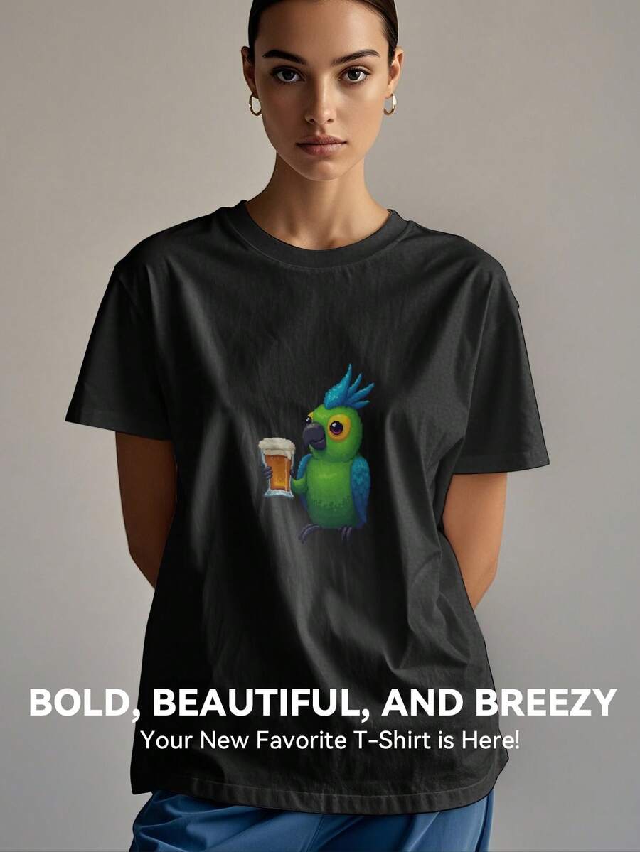 Women's Print Short Sleeve T-Shirt, Black & White Shirt, 180gsm Shirt, Crew Neck Short Sleeve T-Shirt, Breathable & Comfortable Casual Sports Fitness Tee, Casual Vintage Style, Suitable For Summer, Beach Holiday Crew Neck Short Sleeve Casual T-Shirt, Summer Tee