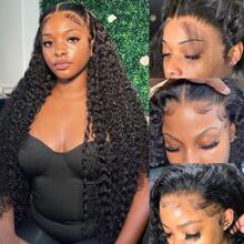 13x4 Loose Deep Lace Front Wig Human Hair Long Hair Transparent Frontal 180% Density Bleached Knots For Women Natural Black Pre-Plucked Hairline