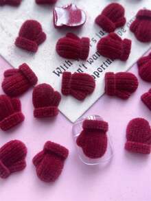 20 件美甲装饰 - 3D 蓬松勃艮第和深红色帽子、手套、蝴蝶结、蝴蝶适合可爱的美甲设计，适合秋冬季所有指甲形状，DIY 美甲配件 - 酒紅色 - 查看 2