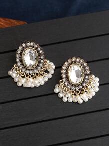 1 par de pendientes colgantes a la moda con borlas, piedras preciosas y perlas vintage, adecuados para el uso diario de las mujeres