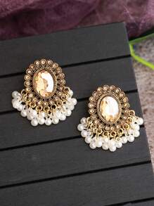 1 par de pendientes colgantes a la moda con borlas, piedras preciosas y perlas vintage, adecuados para el uso diario de las mujeres