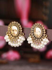 1 par de pendientes colgantes a la moda con borlas, piedras preciosas y perlas vintage, adecuados para el uso diario de las mujeres