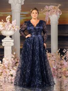 Faeriesty Váy dạ hội đính sequin lộng lẫy Mosy với cổ chữ V và tay dài - Thiết kế dài sang trọng cho thảm đỏ, đám cưới và sự kiện dạ hội | Trang phục trang trọng thanh lịch cho mọi mùa - Màu xanh hải quân - Xem 4