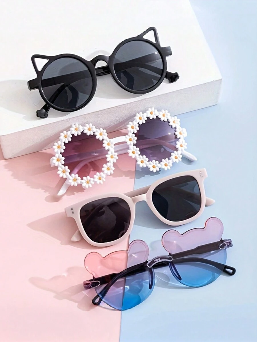 4 Pairs Cute Bear Ear Square Frame Fashion Glasses, Perfect For Teens - Ideal For Pool Parties, Birthdays And Holiday Gifts - Multicolor - View 1