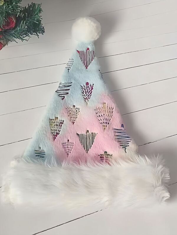 1 Pc Laser Print Multicolored Plush Christmas Hat Suitable For Christmas Parties