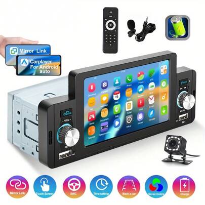 Autoradio Carplay 1 Din con Android Auto Sistema vivavoce Bluetooth 5 pollici con Android/IOS Mirror Link Bluetooth Radio FM USB/AUX/TF Lettore multimediale con microfono per telecamera di retromarcia