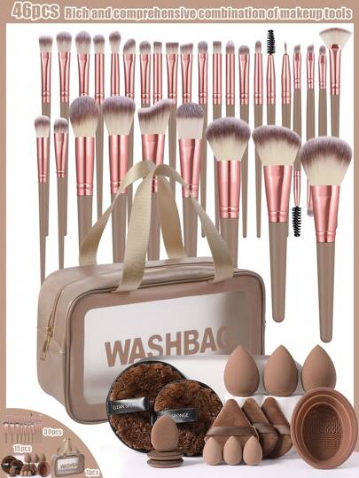 46/41/36/12/5/3/2pcs Makeup Brush Set Includes 30 Soft Bristle Brushes: Powder Brush, Blush Brush, Contour Brush, Highlighter Brush, Foundation Brush, Nose Brush, Eyeshadow Brush, Eyebrow Brush, Lip Brush, Detail Brush + 1 Waterproof Makeup Bag For Storage + 3 Makeup Sponges: 3 Triangle Makeup Sponges, 3 Finger Makeup Sponges, 3 Mini Makeup Sponges + 1 Makeup Brush Cleaning Bowl + 2 Makeup Sponge Cleansers,Giveaways,Professional Makeup Brushes,Complete Makeup Set