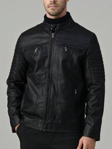 LEDUNTINO 男士时尚拉链休闲户外抓绒皮夹克，运动风，纯色，飞行员夹克，男友礼物，男士秋冬防风皮夹克，立领，双排扣，摩托车夹克，男士秋冬外套