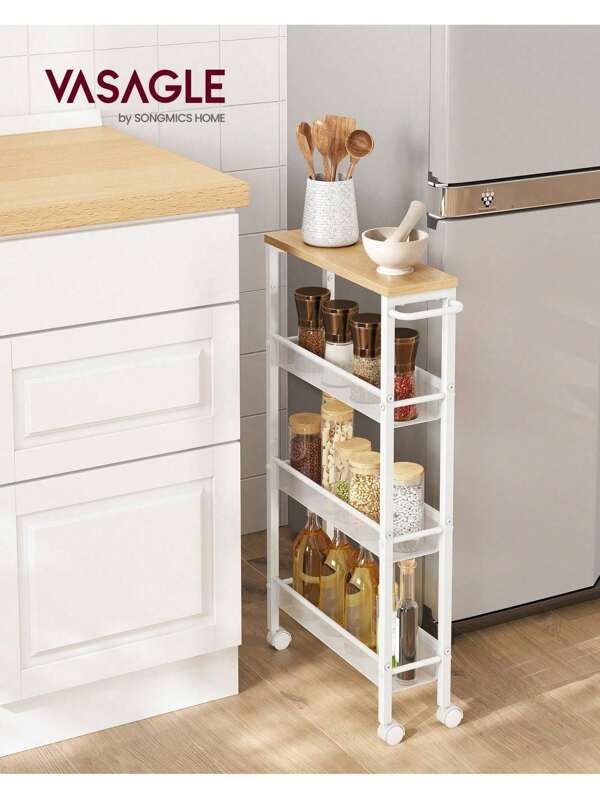 VASAGLE Carrello a 4 Ripiani, Carrello Cucina Salvaspazio con Ruote, Struttura in Acciaio, Maniglia, Carrellino Piccoli Spazi, Bagno Salotto Studio, Beige Rovere e Bianco
