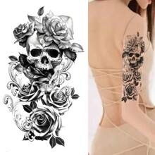 Miếng dán hình xăm tạm thời Black Skull And Roses - Chống thấm nước, Nghệ thuật cánh tay, Cơ thể người lớn, Miếng dán hình xăm cho phụ nữ - Hình chữ nhật - màu đen - Xem 3