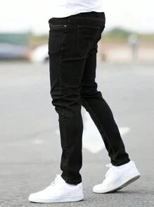 Men's Solid Color Pocket Slim Fit Stretchy Denim Jeans, Casual Daily Wear