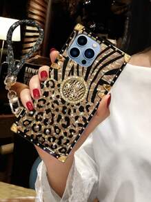 Keychain,Lanyard 1PC Leopard Print Shiny Rectangle Phone Case With Wrist Strap, Featuring Multi-Layer Shock Absorption, Drop Protection And Anti-Slip Design, New Design Loved By Women, Creative Protective Cover, Birthday Gift, Girlfriend, Boyfriend, Valentine's Day, Holiday Gift For Couple, Friend, Family, Yourself