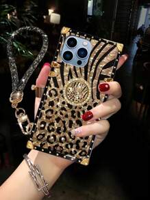 Keychain,Lanyard 1PC Leopard Print Shiny Rectangle Phone Case With Wrist Strap, Featuring Multi-Layer Shock Absorption, Drop Protection And Anti-Slip Design, New Design Loved By Women, Creative Protective Cover, Birthday Gift, Girlfriend, Boyfriend, Valentine's Day, Holiday Gift For Couple, Friend, Family, Yourself