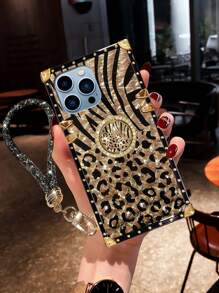 Keychain,Lanyard 1PC Leopard Print Shiny Rectangle Phone Case With Wrist Strap, Featuring Multi-Layer Shock Absorption, Drop Protection And Anti-Slip Design, New Design Loved By Women, Creative Protective Cover, Birthday Gift, Girlfriend, Boyfriend, Valentine's Day, Holiday Gift For Couple, Friend, Family, Yourself