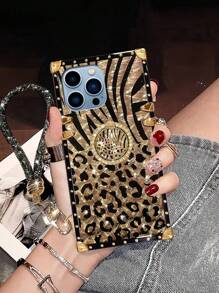 Keychain,Lanyard 1PC Leopard Print Shiny Rectangle Phone Case With Wrist Strap, Featuring Multi-Layer Shock Absorption, Drop Protection And Anti-Slip Design, New Design Loved By Women, Creative Protective Cover, Birthday Gift, Girlfriend, Boyfriend, Valentine's Day, Holiday Gift For Couple, Friend, Family, Yourself