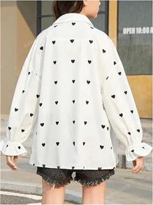 Women Front Button Long Sleeve Heart Print Simple Casual Blouse, Daily Wear