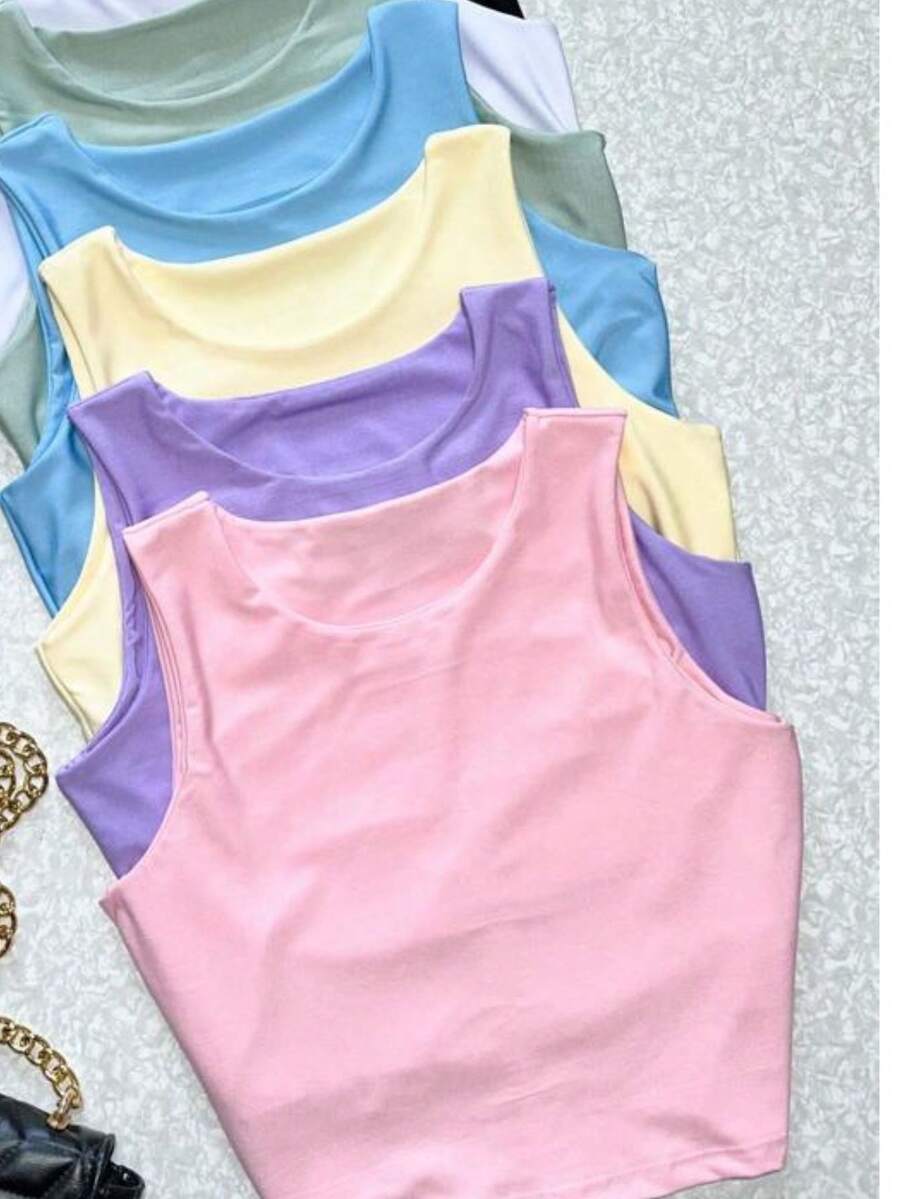 KITS 3 CROPPED TANK TOP VALESCA VARIOUS COLORS BLOGGER FASHION - Màu xanh nhạt - Xem 1