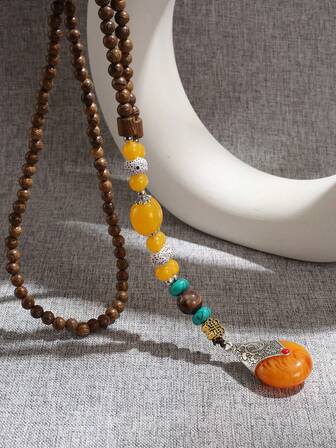 1 件复古风格泪珠木质吊坠项链，时尚设计适合女性日常佩戴